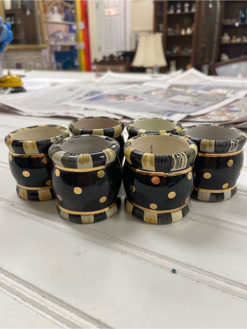 Set of 6 MacKenzie-Childs Courtly Stripe Ceramic Napkin Rings Gold Dot
